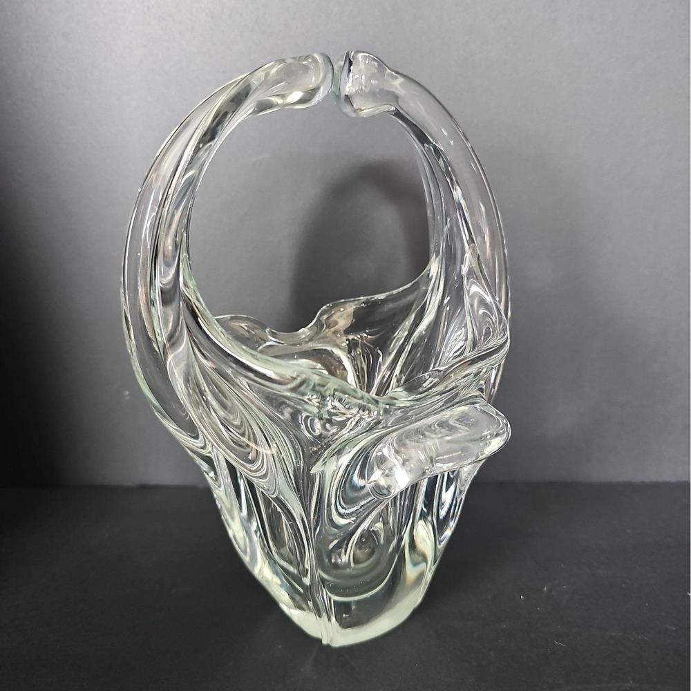 Vintage Collectible Thick Heavy Clear Art Glass Basket Vase Hand Blown